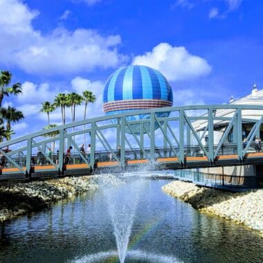 disney springs water fountain near green and blue dome