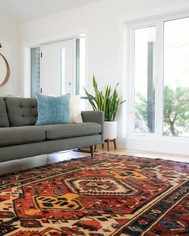 teal 2-seat couch and red ruggable rug