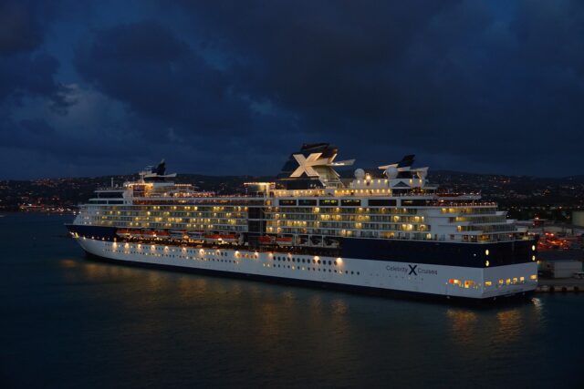 celebrity cruises ship, night, port